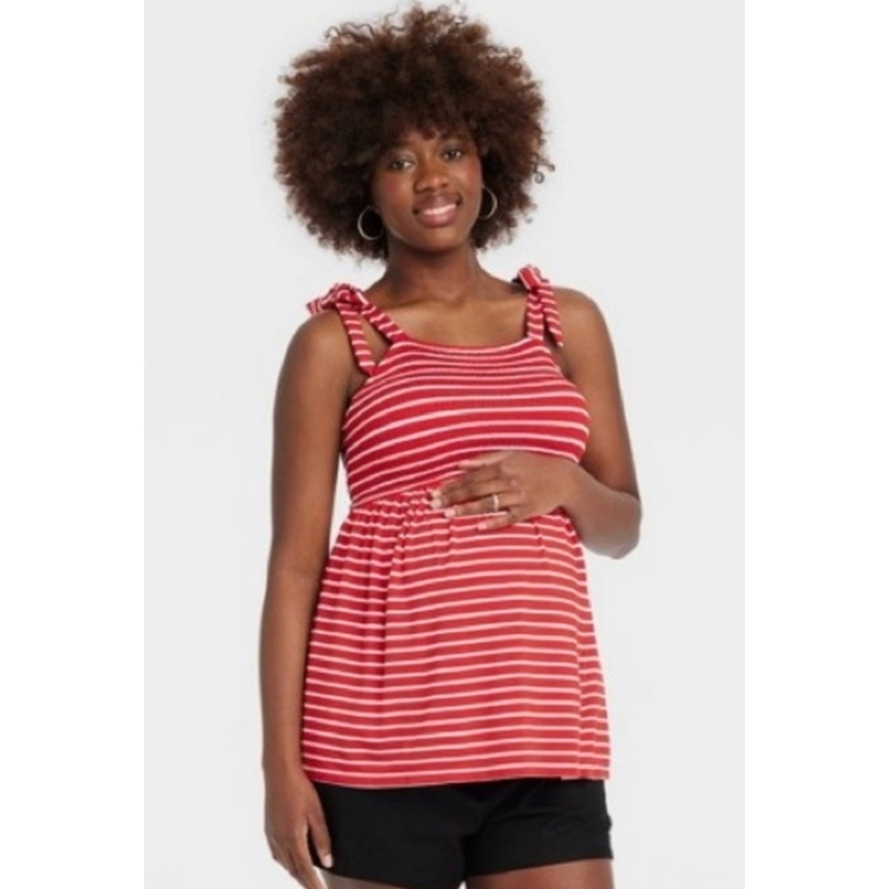 Isabel maternity Shoulder Tie Striped Tank top Red & White